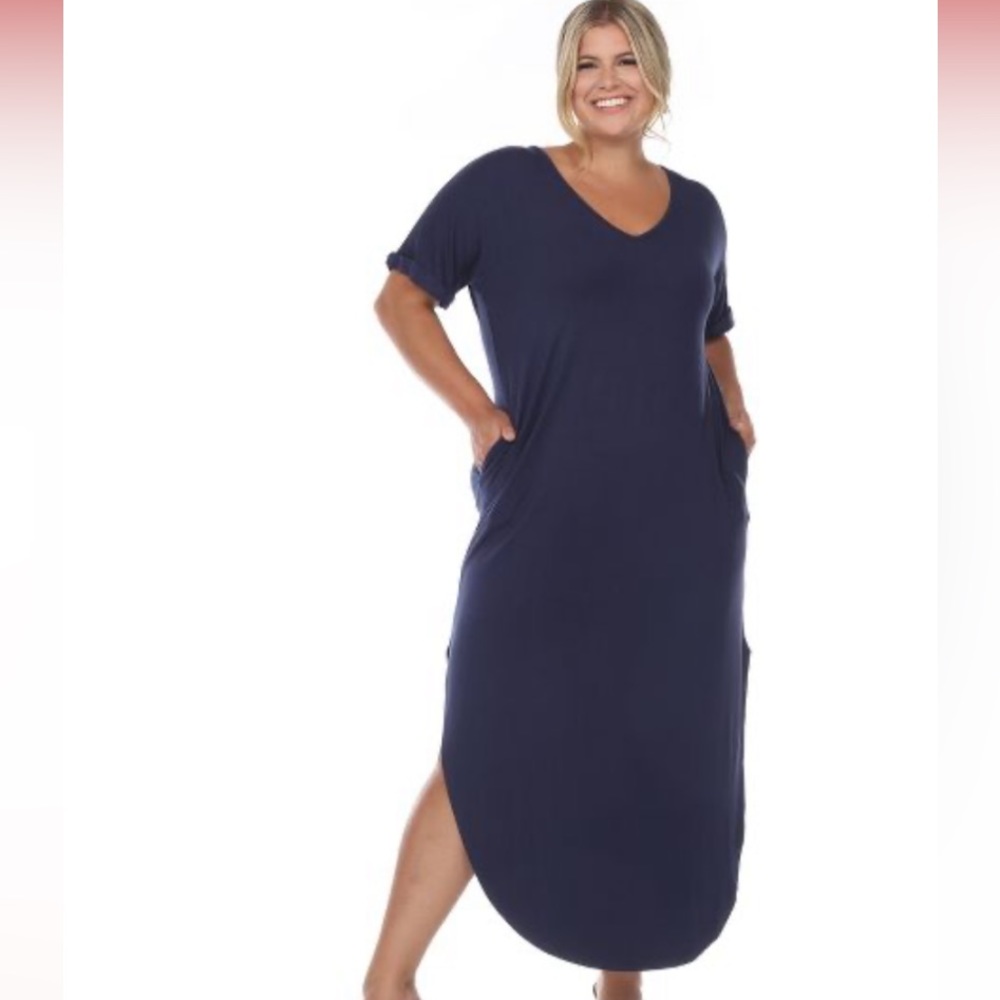 Navy Plus Size Short Sleeve V-neck Maxi Dress